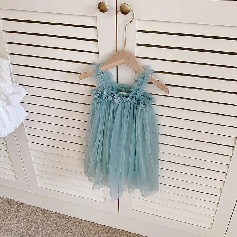 Summer Mesh Tulle Princess Slip Tutu Dresses 3D Flower Mermaid Birthday Dress for Baby Girl Clothes Sleeveless Girl Clothes