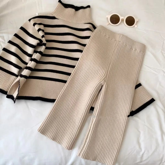 Conjunto de suéter de cuello alto y pantalón para niña, otoño invierno, suéter de punto y pantalones de pierna ancha