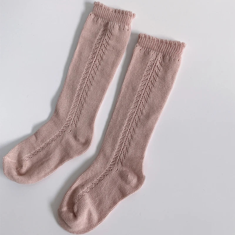 1 par de calcetines 100% de algodón hasta la rodilla para niños y niñas, calcetines largos calados transpirables de malla de algodón para primavera y otoño