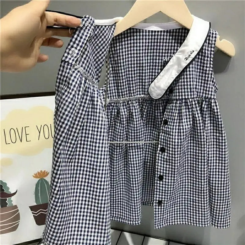 Conjunto de ropa de verano para hermanos estilo marinero sobre cuadros azules, niño y niña, Camisa en traje de dos piezas Vestido para niña