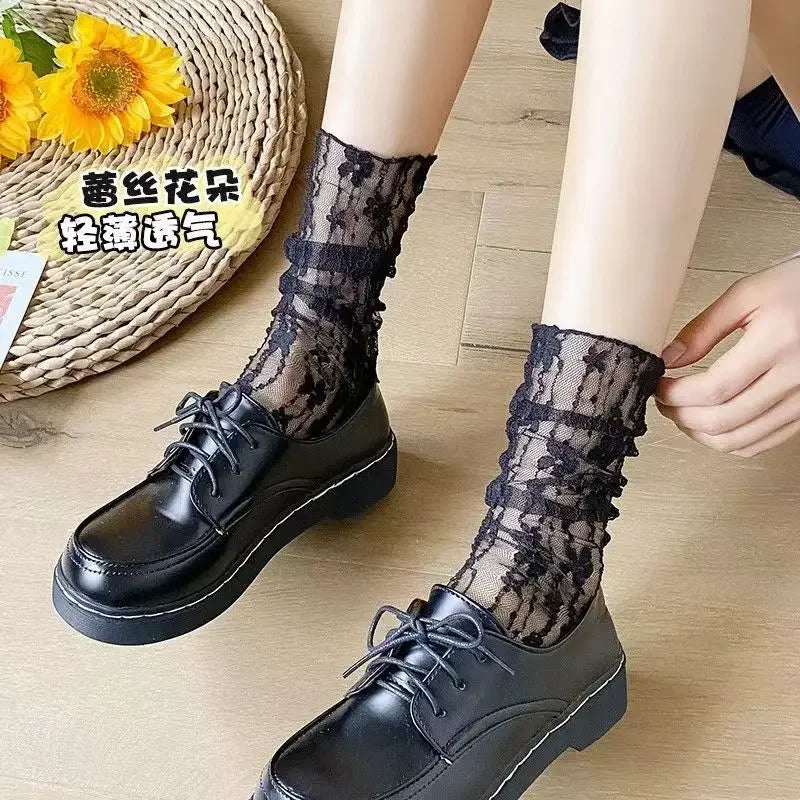 Calcetines finos transparentes para mujer y chica adolescente, calcetín de encaje Floral transparente transpirable