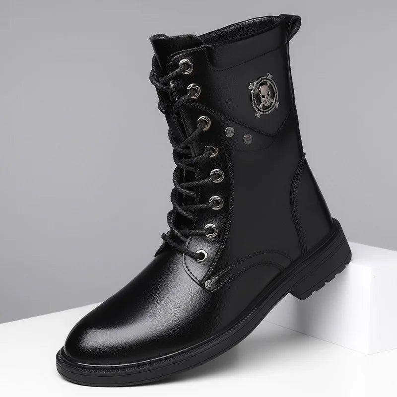 Botas tipo cuero para hombre y adolescente,  Plataforma Impermeable Cómodo Con cordones Resistente al uso Caña alta Botas de cuero para exteriores