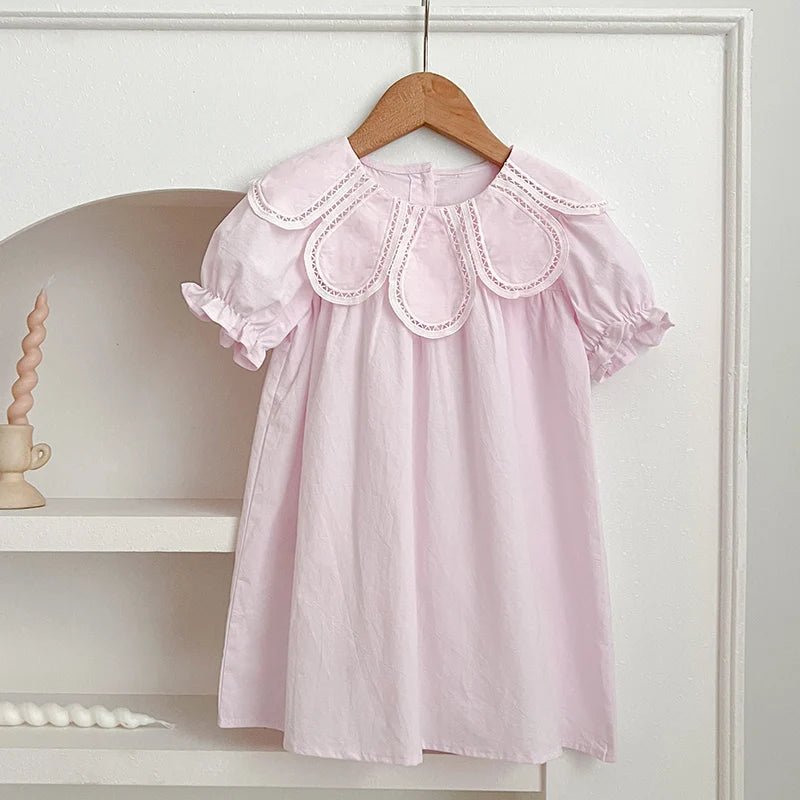 Vestidos de princesa de verano para niñas, de manga corta, de algodón, de color liso, amplio cuellos Peter Pan, para fiesta