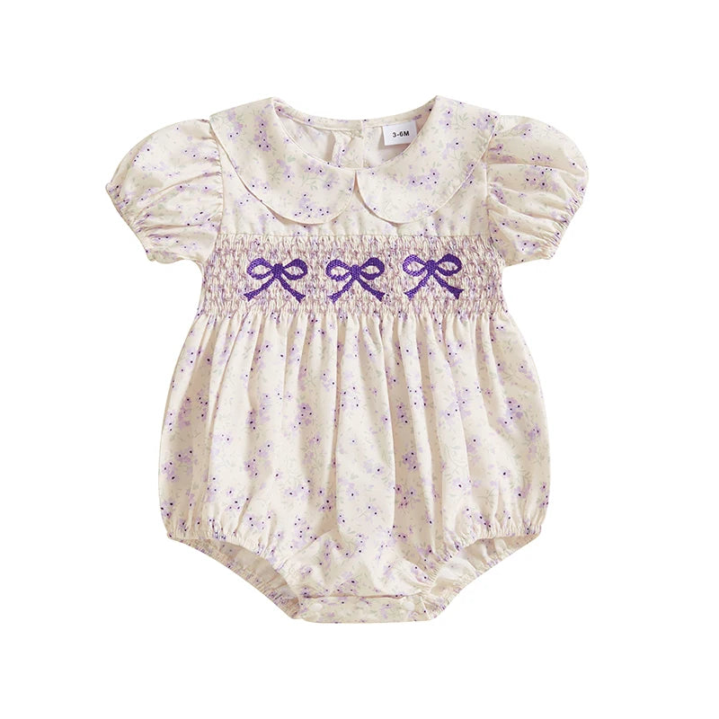 Peleles bordados con lazo para niñas de 0 a 18M, monos de burbujas de manga corta con cuello de muñeca con estampado Floral encantador para recién nacidos