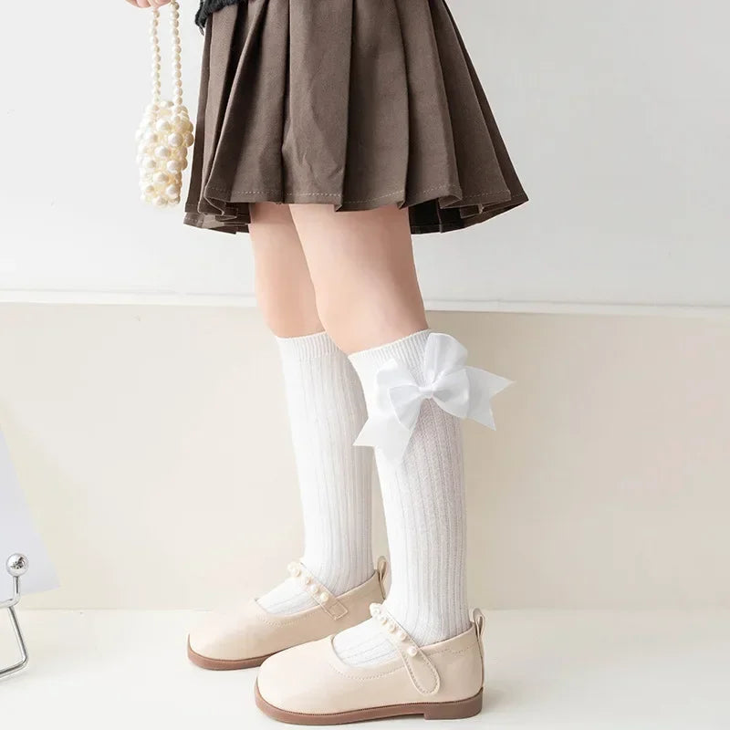 Calcetines largos con lazo para niñas, Calcetines de moda española de colores sólidos para niña, de primavera y otoño, estilo uniforme escolar