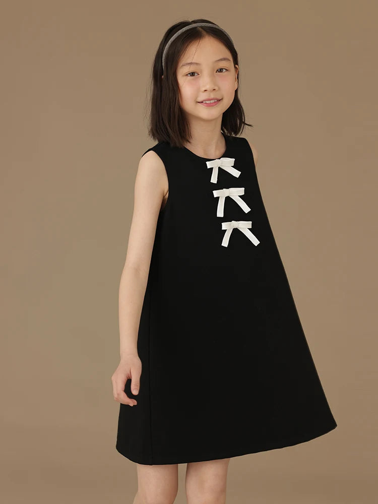 Vestido sin mangas formal para niñas, negro con coquetas cintas blancas