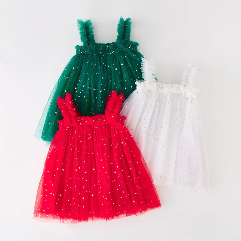 Lindo vestido de princesa de tul para niñas de Navidad, vestido de lentejuelas con estrellas para niñas pequeñas