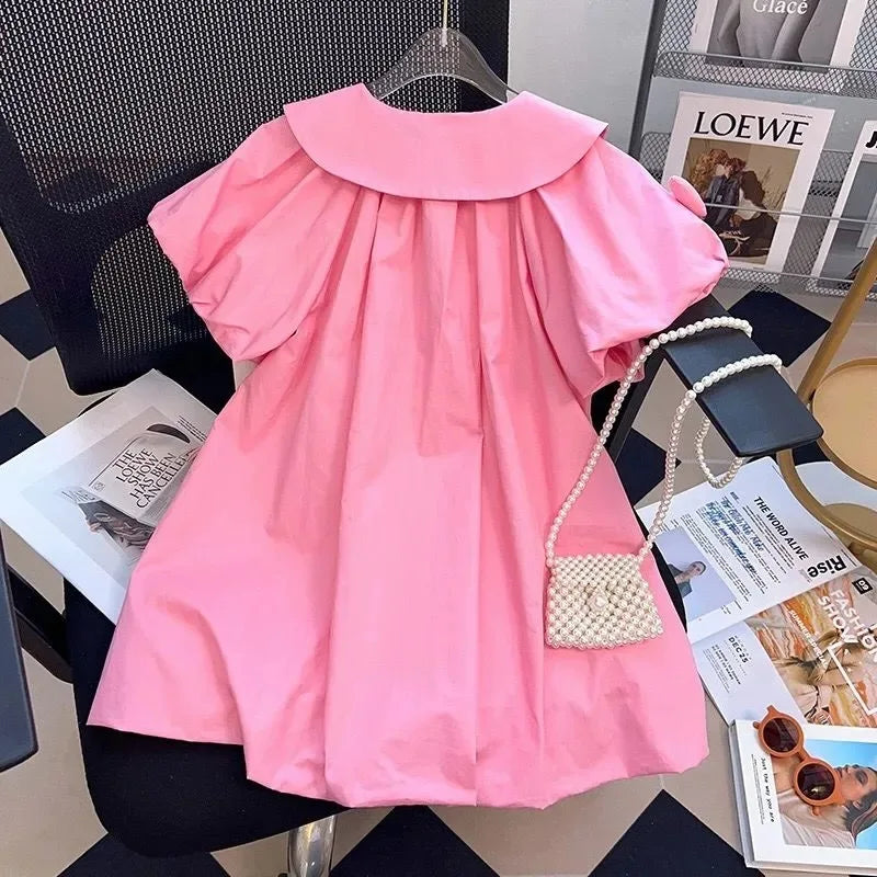 Vestido de verano para niñas de 2 a 10 años, bonito, con decoración de corazón y cuello abatible, vestido con hermosas mangas abullonadas para niña
