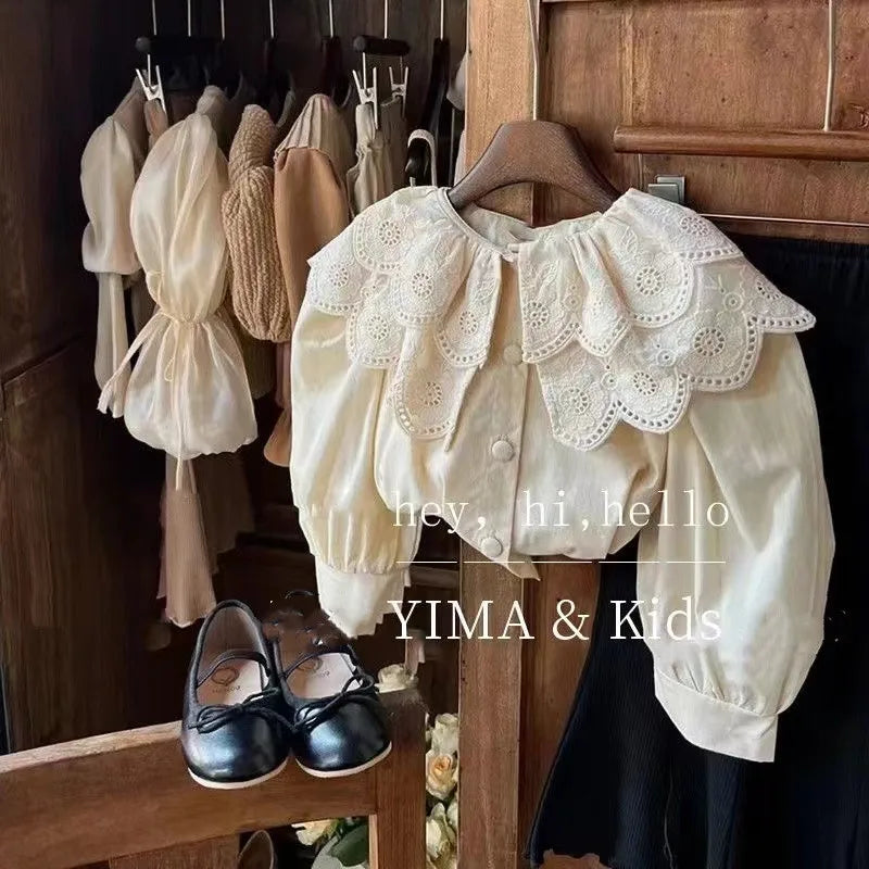 Hermosa blusa de  manga larga con cuello de brodery en volantes para niña, ropa de primavera y otoño retro, moda boutique