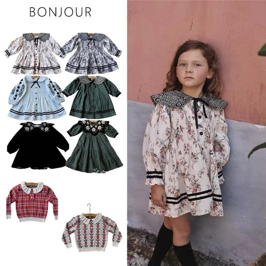 Hermosos vestidos y sweater vintage para niña invierno bordados cuellos amplios mangas abullonadas