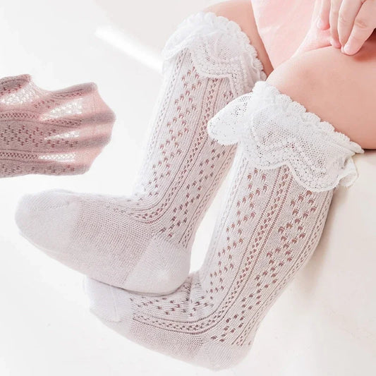 Calcetines hasta la rodilla de princesa de encaje para bebé, calcetín largo calados transpirables de algodón para niñas de 0 a 3 años