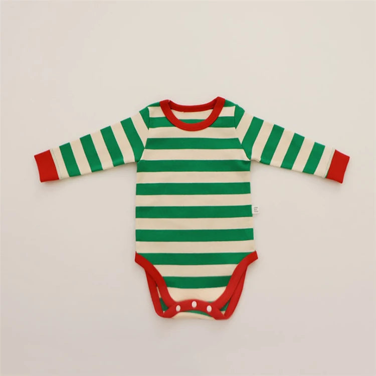 Pure Cotton Baby Pajamas Sets Red Green Striped Infant Boy Girl Pyjamas Romper Pants 2pcs Sets Long Johns For Christmas New Year