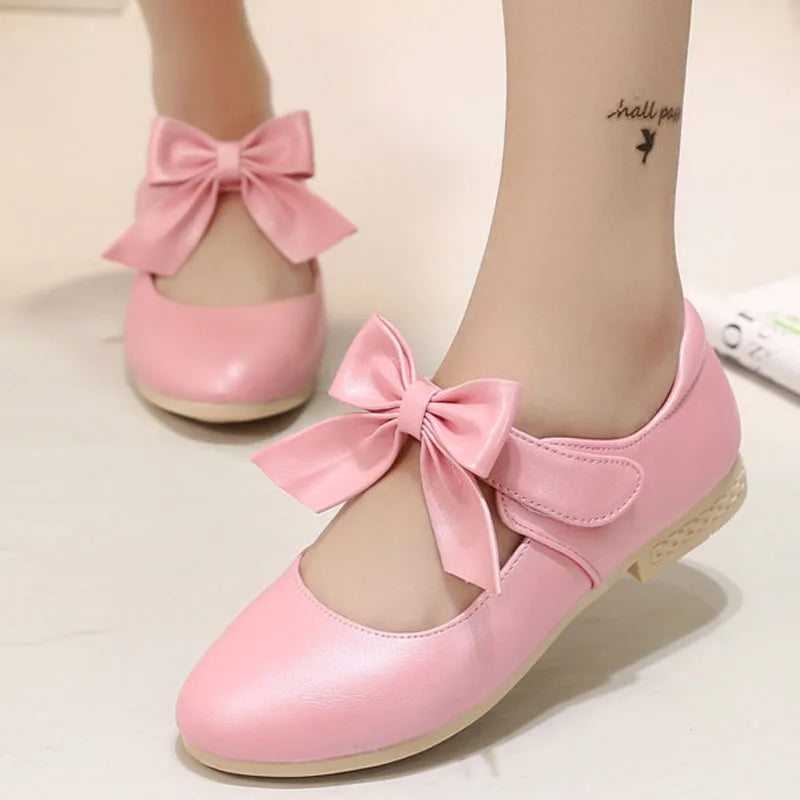 Children Princess Shoes Gold Pink White Girl Bow Leather Shoes Kids Sweet Dance Flats Flowers Girls Shoes Size 26-36 CSH791