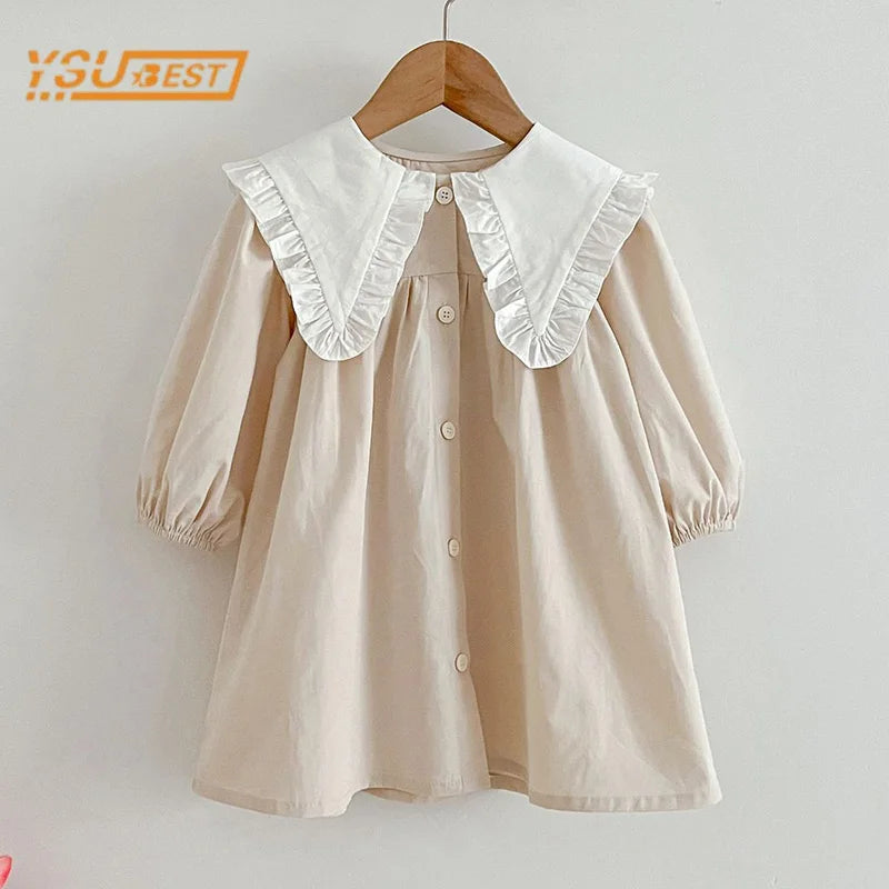 Vestido de hermoso colorido champagne con cuello blanco de muñeca,  manga larga para niñas, para primavera y otoño,