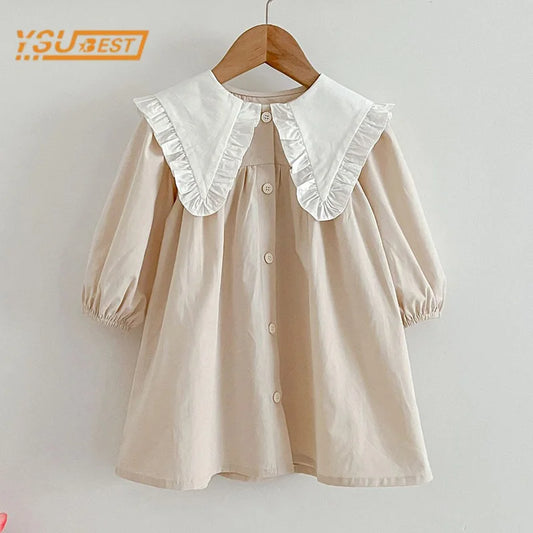 Vestido de hermoso colorido champagne con cuello blanco de muñeca,  manga larga para niñas, para primavera y otoño,