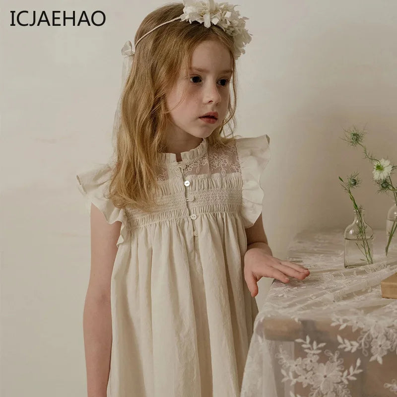 Vestido de algodón bordado a mano con mangas volantes para niñas y pre adolescentes, suave color beige especial para fiestas