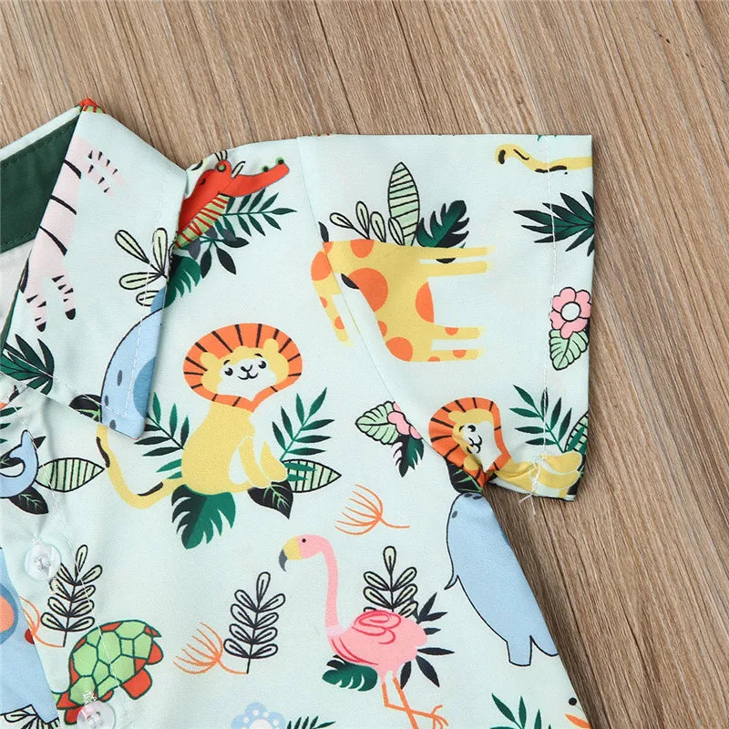 Conjunto de ropa para niños, camisa con diseño de mono y tigre, pantalones cortos verdes para verano