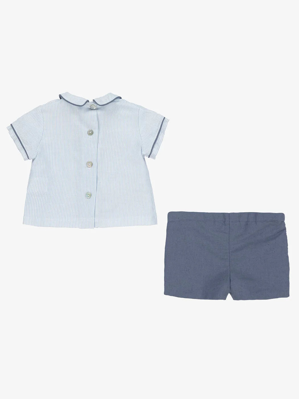 Precioso conjunto de dos piezas de verano para bebés niños, camisa con cuello vuelto con ribetes, tela a rayas, pantalones cortos para niños pequeños, algodón de alta calidad