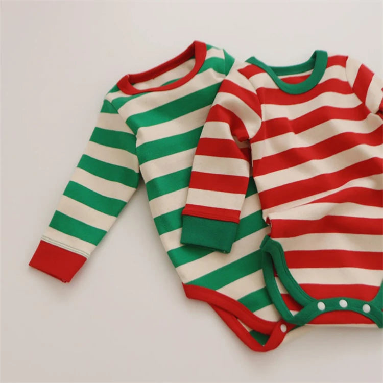 Pure Cotton Baby Pajamas Sets Red Green Striped Infant Boy Girl Pyjamas Romper Pants 2pcs Sets Long Johns For Christmas New Year