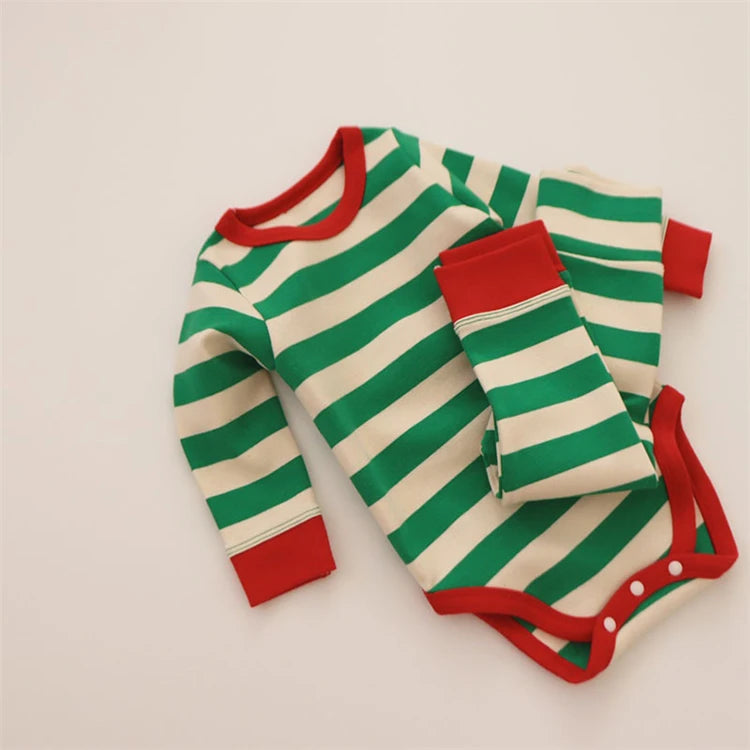 Pure Cotton Baby Pajamas Sets Red Green Striped Infant Boy Girl Pyjamas Romper Pants 2pcs Sets Long Johns For Christmas New Year