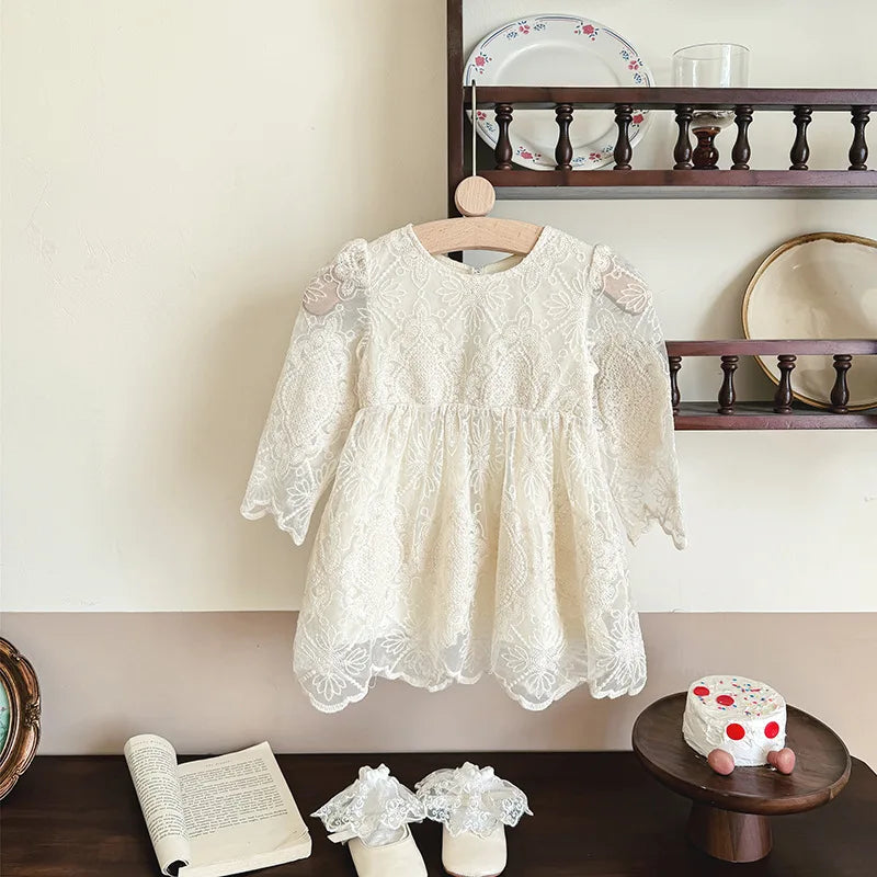 Vestido de encaje y manga larga para bebé, vestido de princesa de algodón bordado con flores de primavera, vestido de Bautizo para bebé niña