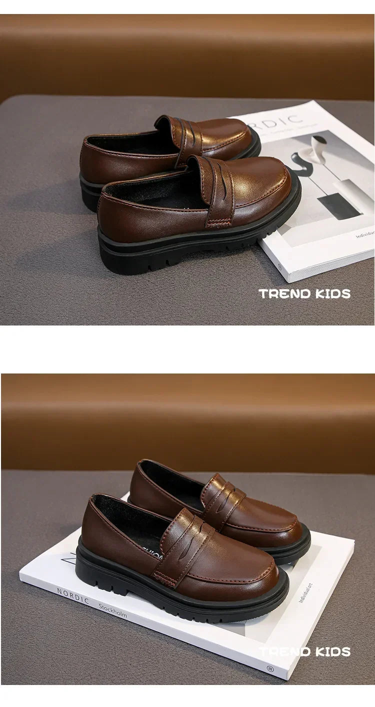 New 2024 Spring Autumn PU Leather Shoes Boys Girls Britain Style Black Brown Performance Shoes Children Slip-on Casual Loafers