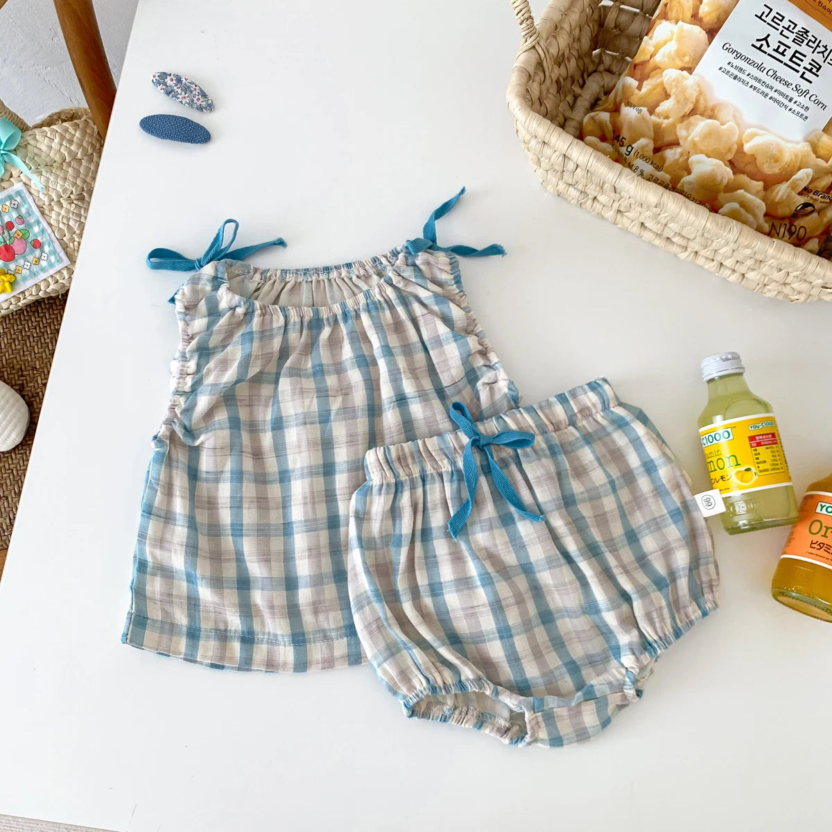 Summer Baby Girls Clothes Set Plaid Baby Suit Shirt with Short Pants 2pcs Baby Clothes 0-24 Months