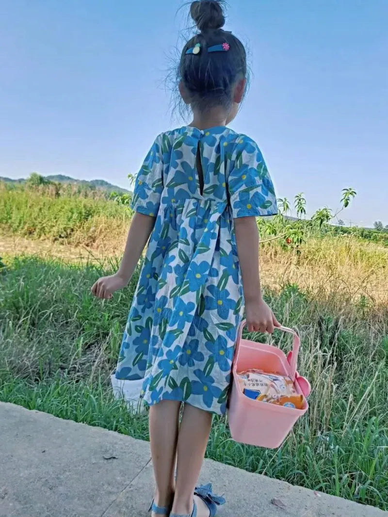 Ropa de verano Lolita azul con estampado floral para niñas, vestido casual para niñas, para fiesta de adolescentes