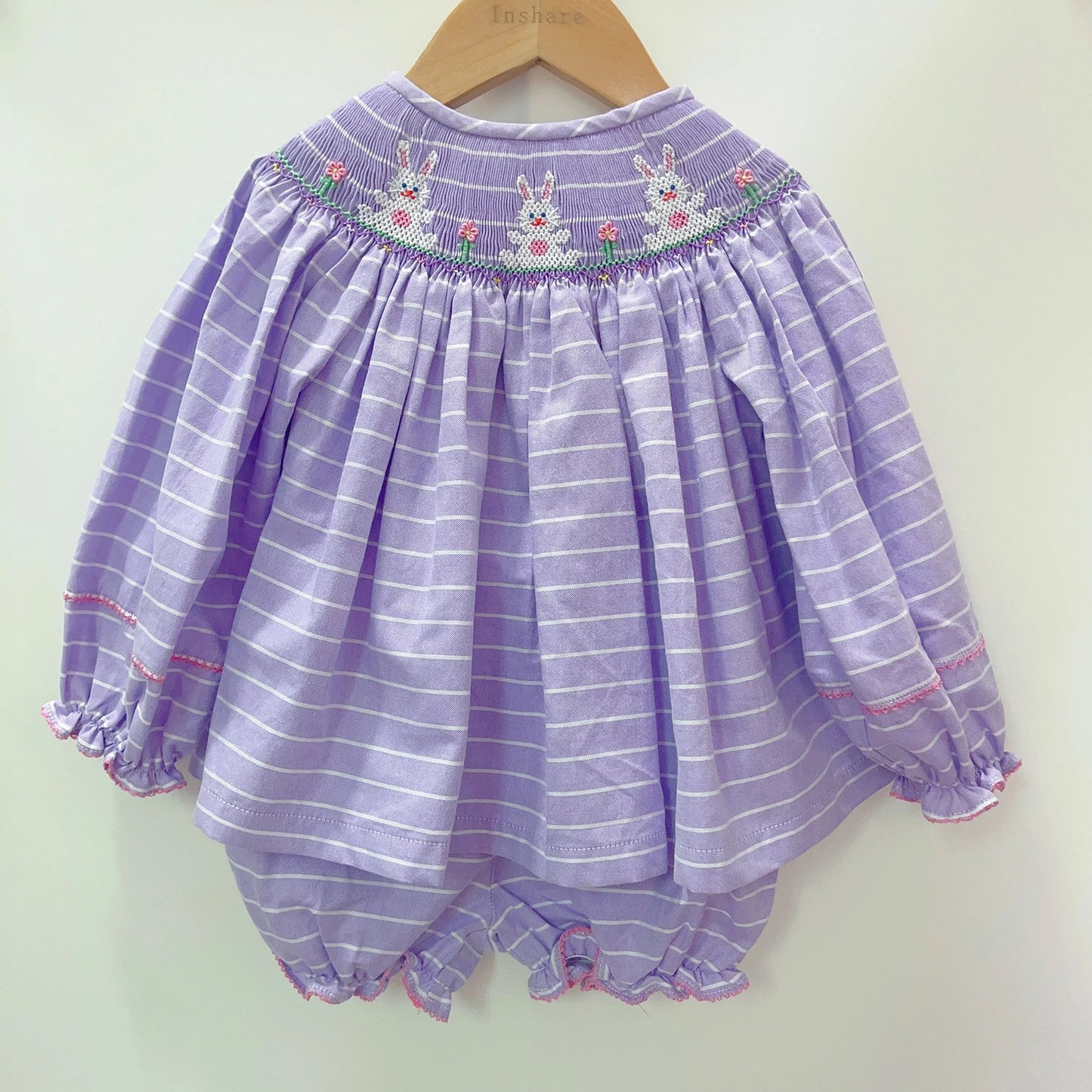 Conjunto de blusa manga larga y bombacho corto para niñas, bordado a mano estilo vintage, algodón puro tipo Oxford