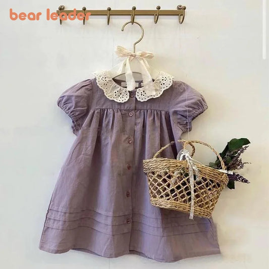 Vestido de verano para niñas, cuello de encaje, mangas abullonadas, elegante, para bebés, vestidos de princesa para cumpleaños, ropa para niños