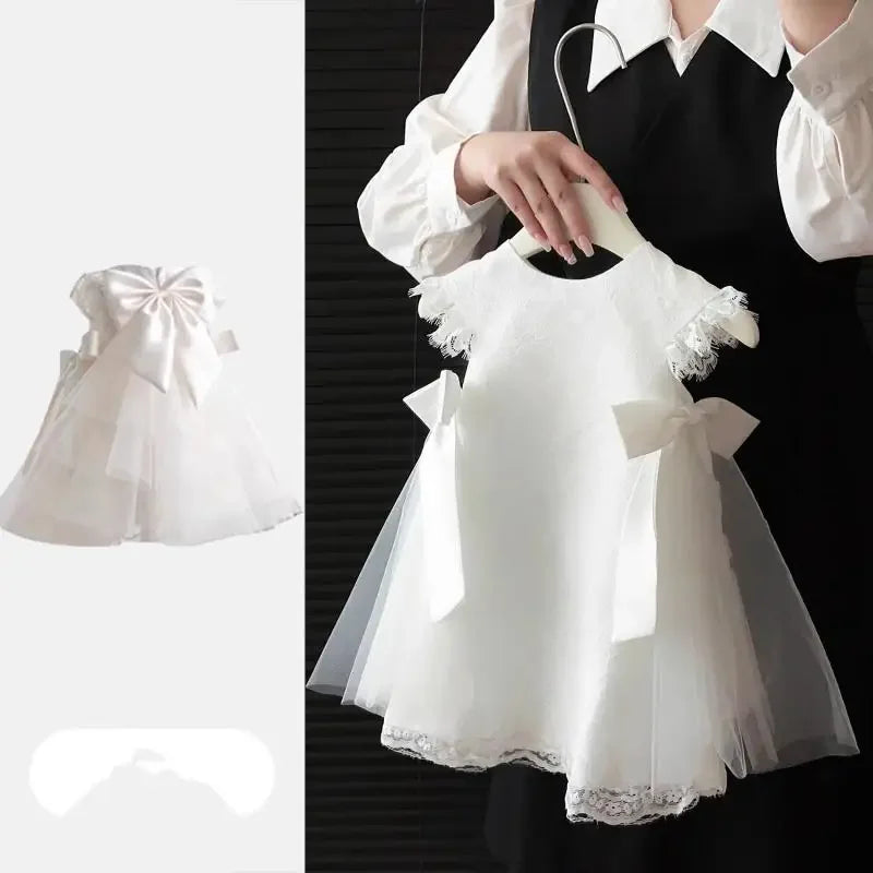 Vestido de princesa para niña, Vestido blanco de bautismo con lazo, mangas de encaje, ropa para fiesta, vestido de boda para bebé y niña