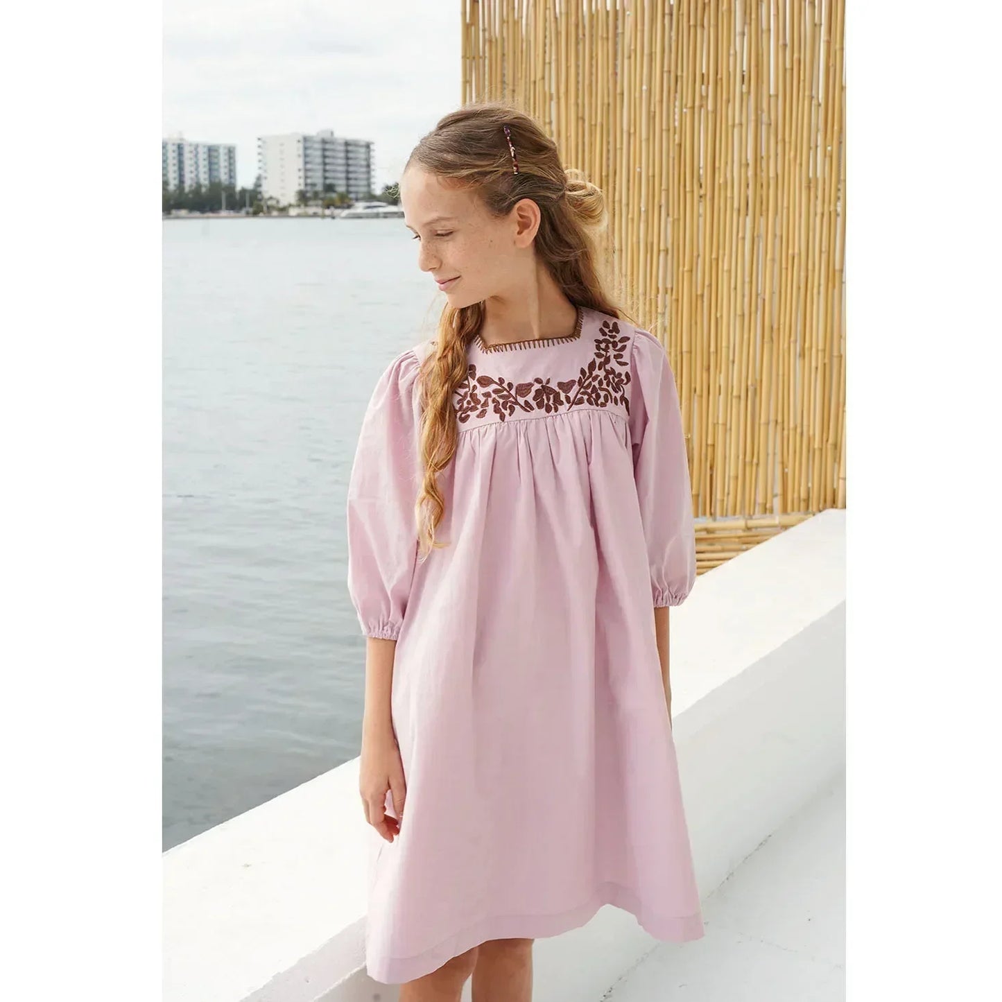 Colección Rosa Chocolate Primavera Verano para niños y adolescentes, hermanos, Vestidos Bordados, Conjunto Familiar de Ropa a Juego, Camisa Pantalones Cortos