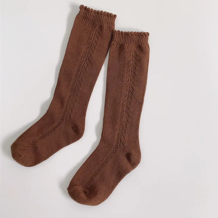 Calcetines suaves y bonitos largos para niños, calcetines suaves calados, transpirables de algodón para bebés y niñas