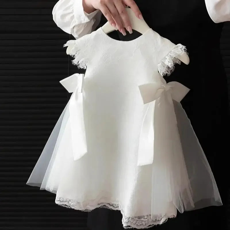 Vestido de princesa para niña, Vestido blanco de bautismo con lazo, mangas de encaje, ropa para fiesta, vestido de boda para bebé y niña