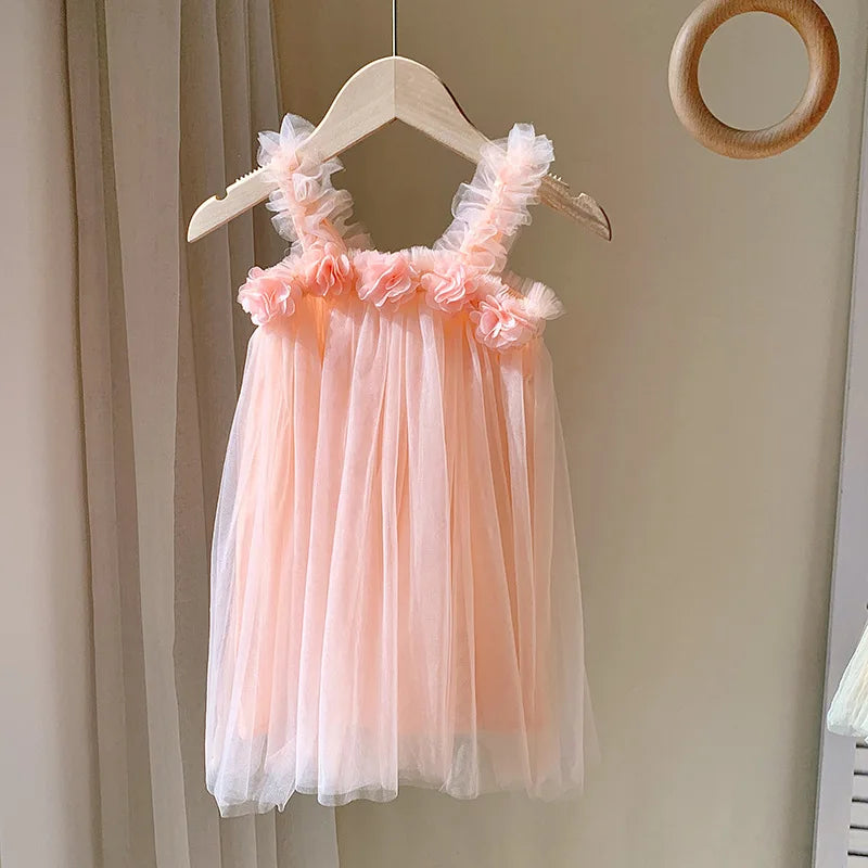 Nuevo vestido de princesa de verano para niñas con aplicaciones de flores y tirantes, de dulce belleza para niñas, en tul suave y esponjosa de falda de princesa para niñas