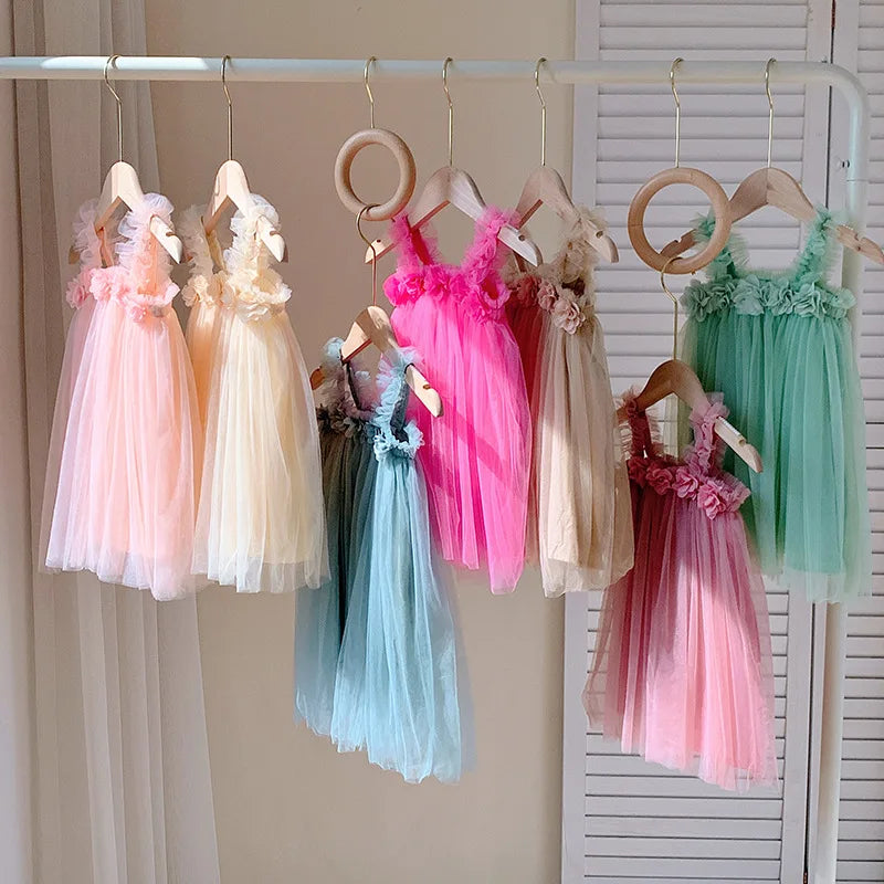 Summer Mesh Tulle Princess Slip Tutu Dresses 3D Flower Mermaid Birthday Dress for Baby Girl Clothes Sleeveless Girl Clothes