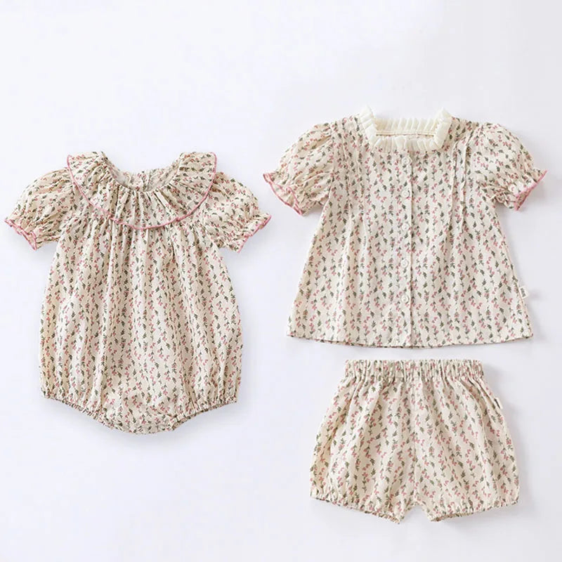 Hermosos y delicados, conjunto y enterito pastorales de verano para bebé, blusa y short estampados de algodón para bebé niña, bombacho para bebés
