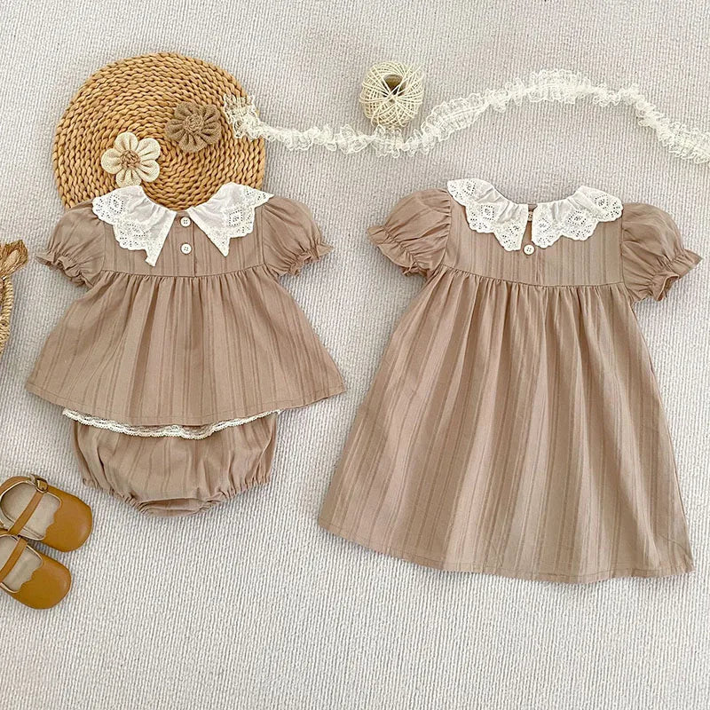 Vestido de verano para niñas de 2 a 6 años, de algodón con cuello de encaje, de princesa, Bombacho de verano para bebé