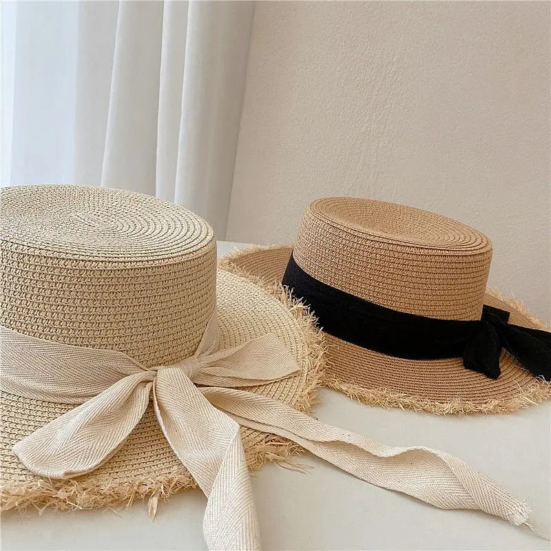 Beach HatJapanese Everything Hairy Edge Straw Hat Female Summer Flat Top Outing Sun Hat Small Fresh Bow Sun Shade Beach Hat