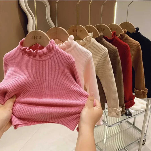 Tops de algodón para niña, Sweater de otoño e invierno para bebé y niña, sweater de punto cuello y puños en volantes