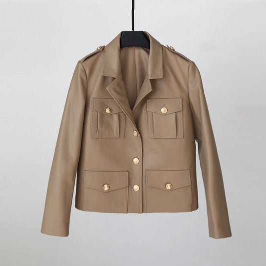 Chaqueta informal de 100% de piel de oveja genuino para mujer, hermoso calce de traje ajustado