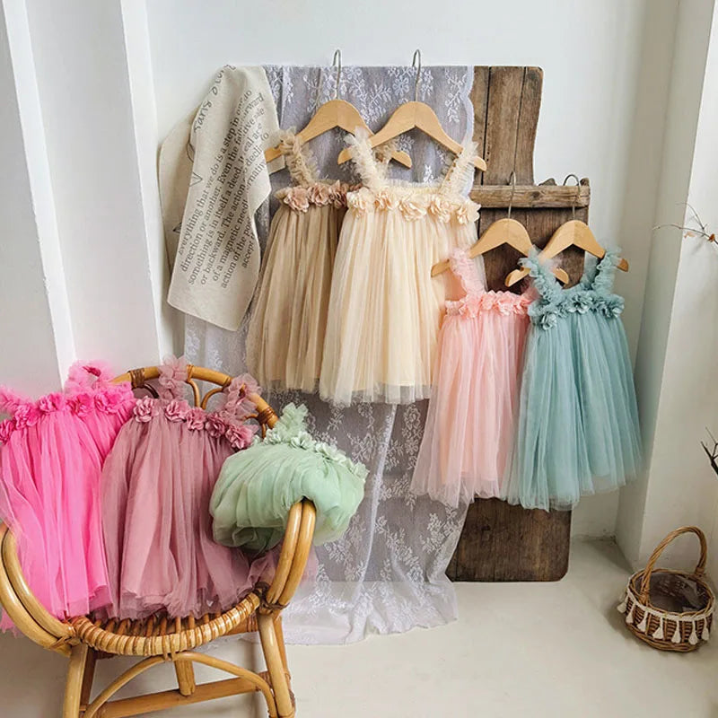 Summer Mesh Tulle Princess Slip Tutu Dresses 3D Flower Mermaid Birthday Dress for Baby Girl Clothes Sleeveless Girl Clothes