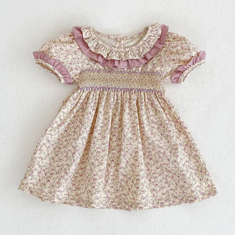Nueva ropa de verano para niña, vestido de manga corta con encaje y flores para niña, pelele de algodón para bebé, vestido de princesa, traje de hermana a juego para familia
