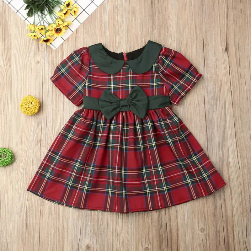 Lindo vestido navideño para niñas, vestidos de fiesta a cuadros escocés con doble lazo para niñas pequeñas, princesas, mangas cortas