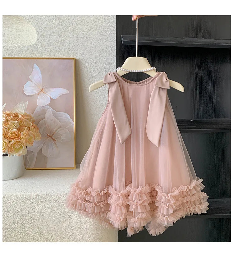 Vestido de princesa de suave tul para bebé niña y chica adolescente, vestido de verano para niñas, vestido sin mangas con lazo