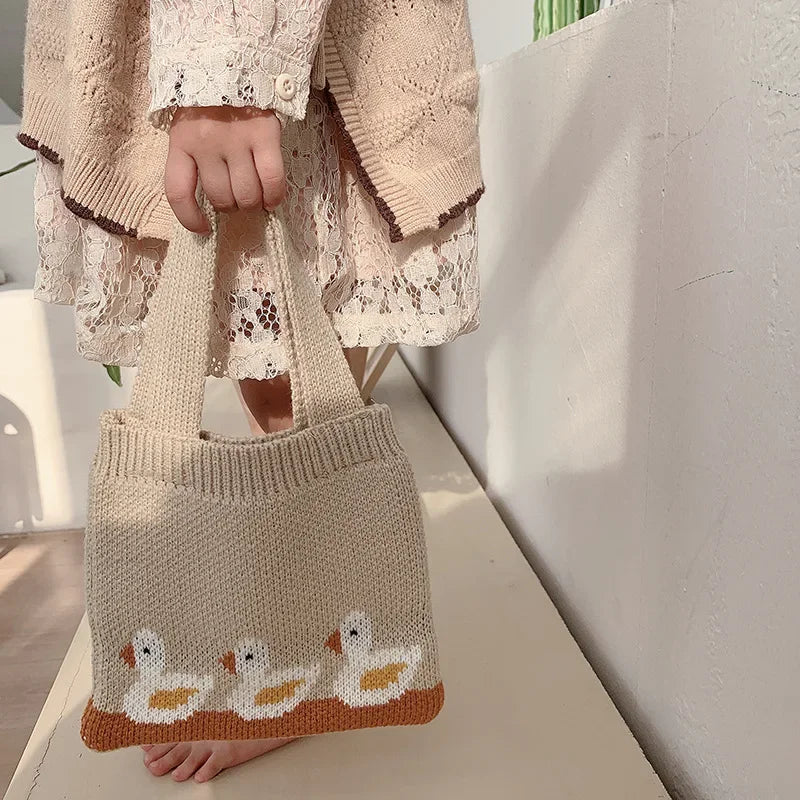 Bolsos de mano o cartera, tejido para niñas, con dibujos de patos, para otoño e invierno