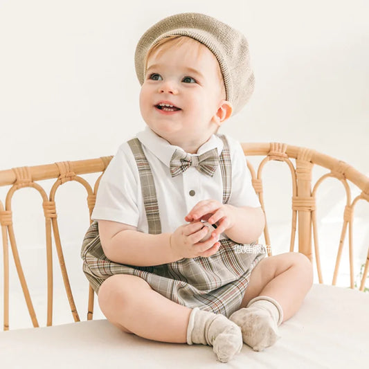 Bombacho de verano moda española para bebés, mono de manga corta, a cuadros para niños, niñas y recién nacidos