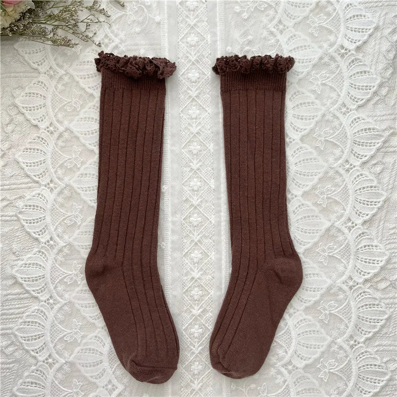 Calcetines hasta la rodilla con volantes para niñas, calcetines largos de algodón suave con encaje de flores, calcetines de uniforme escolar