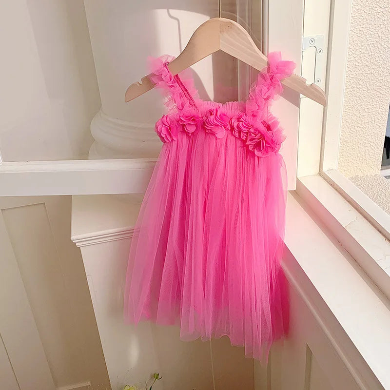 Nuevo vestido de princesa de verano para niñas con aplicaciones de flores y tirantes, de dulce belleza para niñas, en tul suave y esponjosa de falda de princesa para niñas