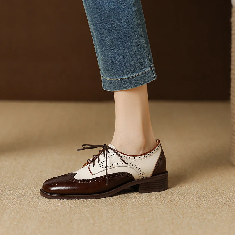 2024 Women Genuine Leather Oxford Shoes Round Toe Black White Lady Lace Up Brogues Loafers Casual Shoes for Women Leather Shoes